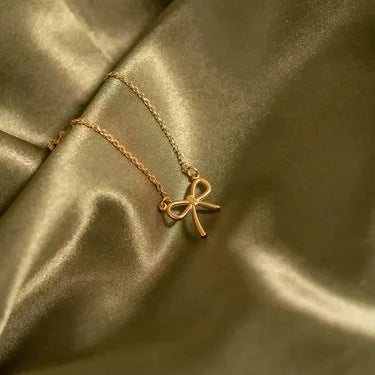 Bow Necklace Gold Plated (Anti-Tarnish) – Korean Style Dainty Ribbon Pendant for Women & Girls