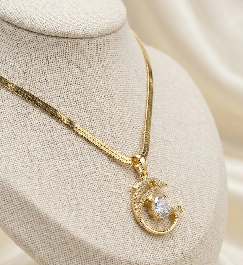 Crystal Crescent Pendant Anti-Tarnish Necklace | Herringbone Chain