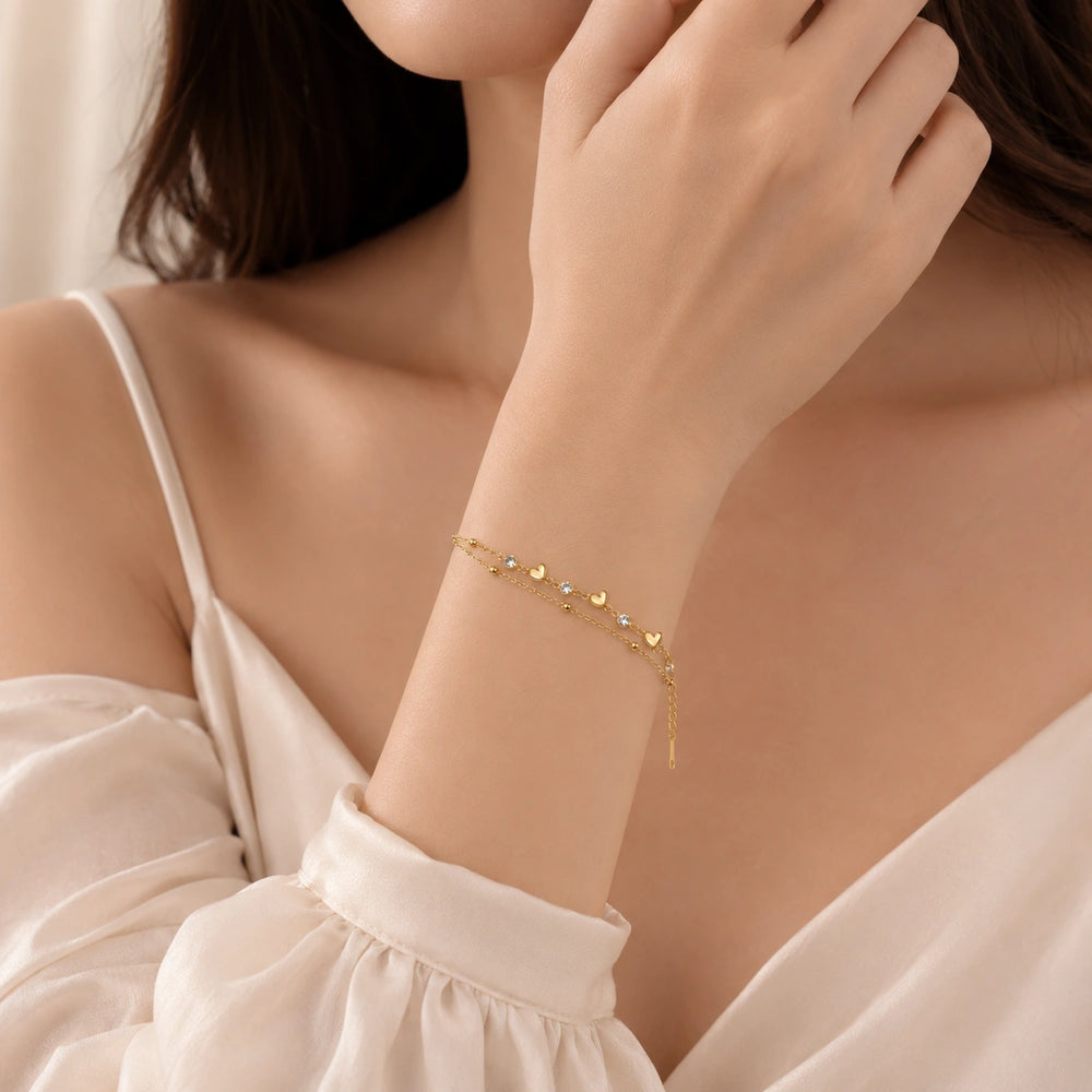 Double Layer Heart Charm Bracelet - Anti Tarnish Gold Plated