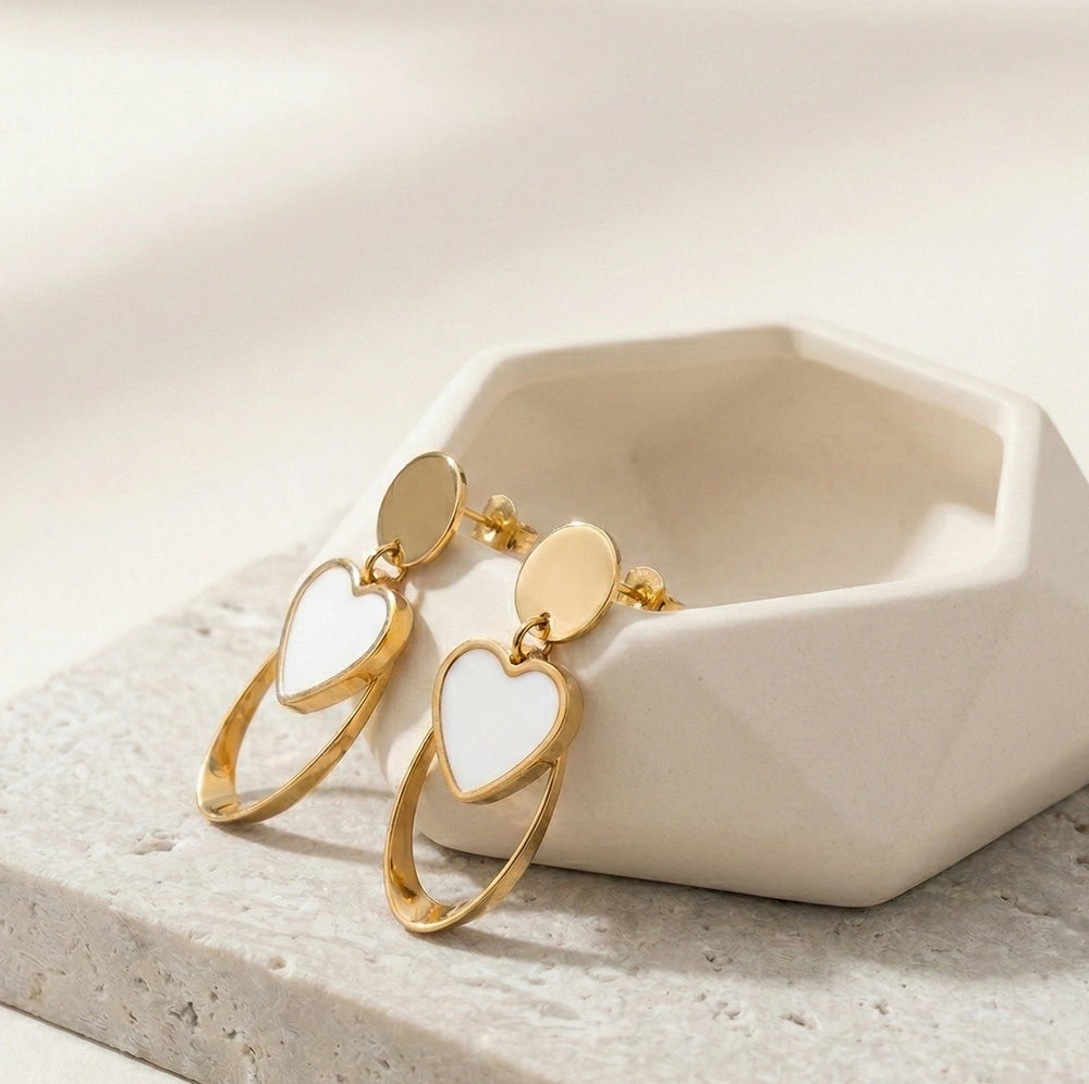 White Heart Oval Drop Earrings | Anti-Tarnish Gold Plated