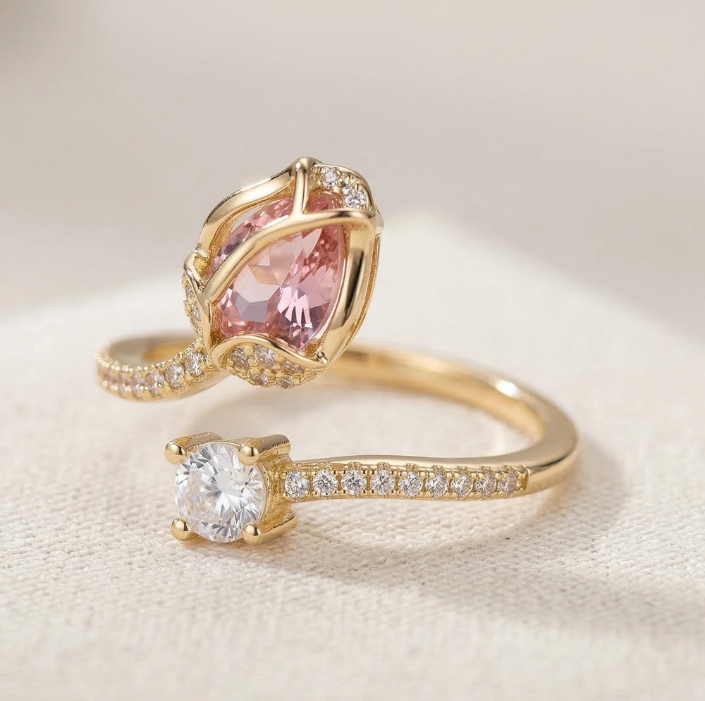 Pink Pear & Round Stone Gold Pave Open Fashion Ring