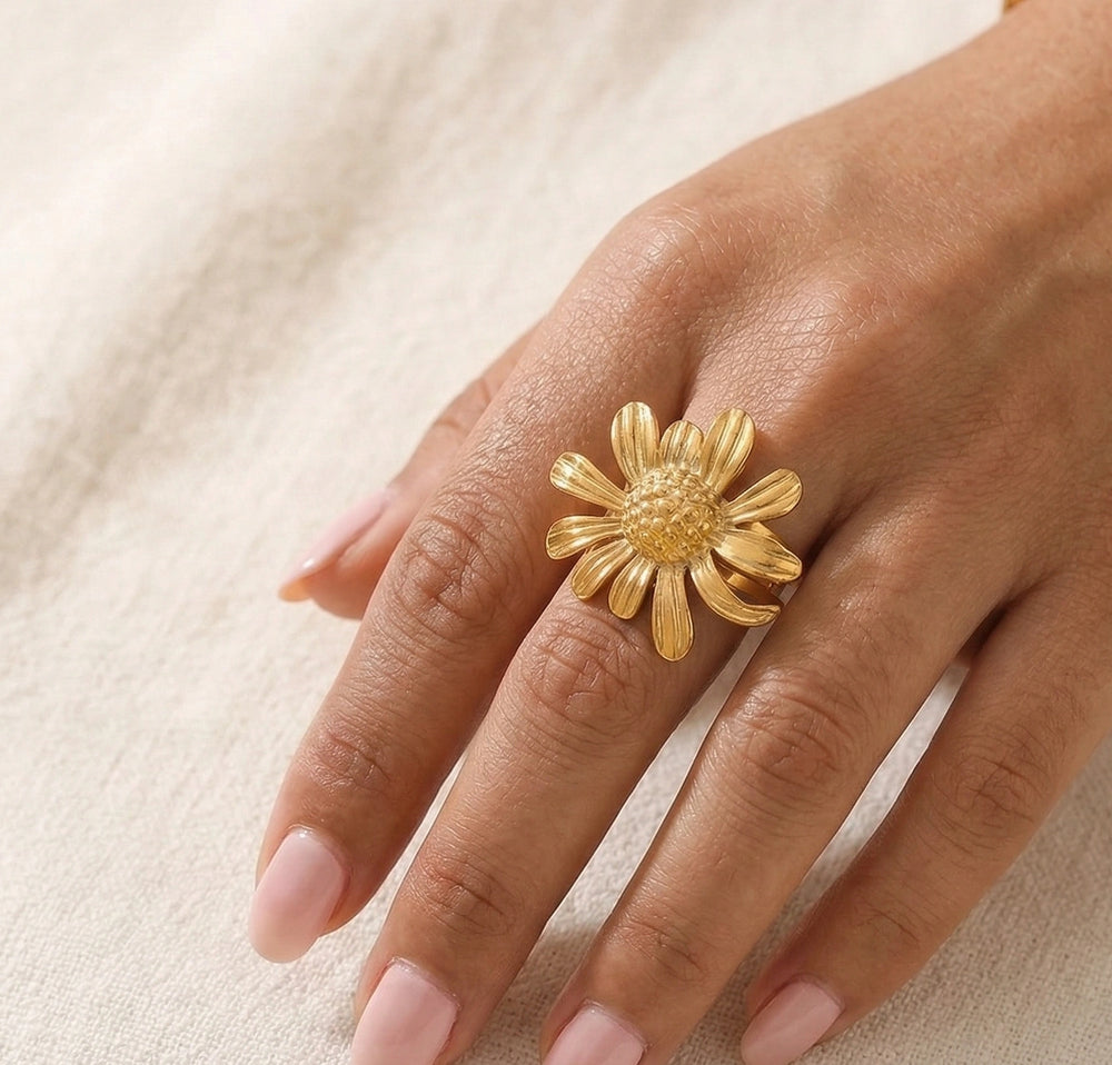 Daisy Flower Anti-Tarnish Gold Plated Ring for Women | Adjustable Floral Ring
