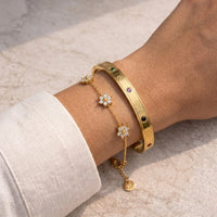 Daisy Charm & Gemstone Bangle Stack - Anti-Tarnish Gold Plated Bracelet Combo