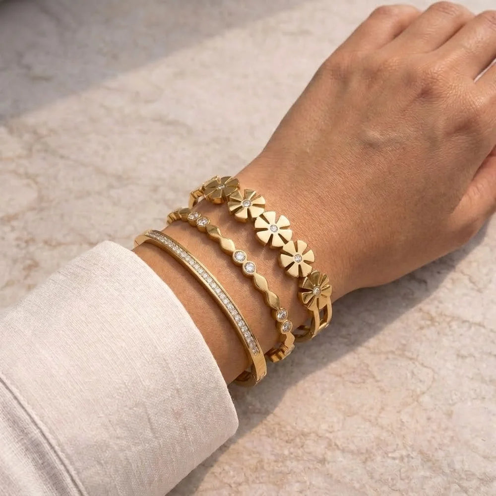 Daisy & Pave Anti-Tarnish Gold Plated Bracelet Stack (Set of 3)