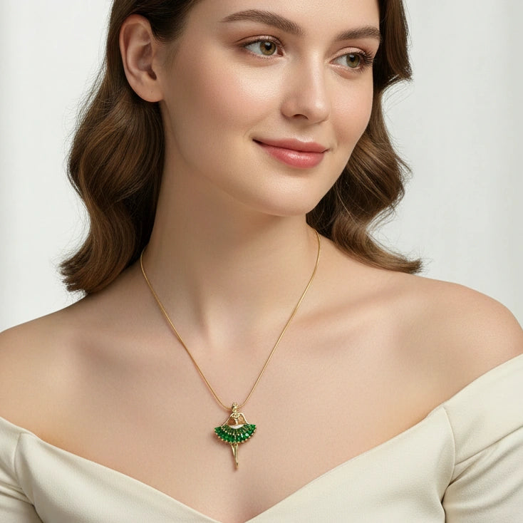 Emerald Green Ballerina Necklace - Anti-Tarnish Gold Plated Dancing Girl Pendant