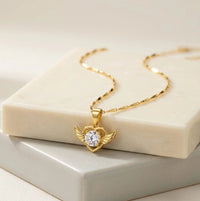 Angel Wings Heart Crystal Necklace - Anti Tarnish Gold Plated