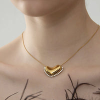 Anti-Tarnish Gold-Plated Puffy Heart Necklace with Crystal Border