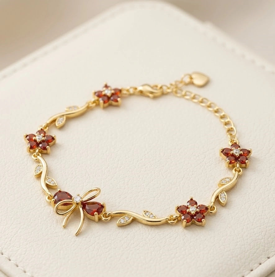 Orange Stone Bow & Floral Bracelet - Anti Tarnish Gold Plated-Tulip