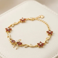 Orange Stone Bow & Floral Bracelet - Anti Tarnish Gold Plated-Tulip