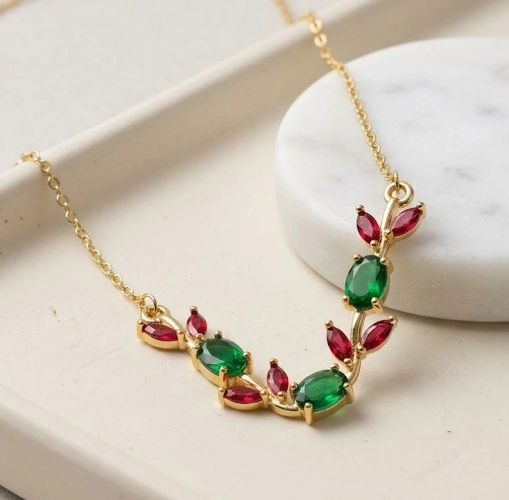 Tulip Red & Green Floral Stone Necklace - Anti Tarnish Minimalist Fashion Jewelry