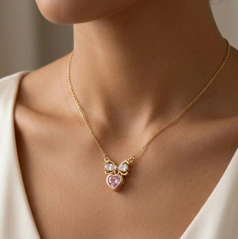 Pink Heart & Crystal Bow Pendant Necklace | Anti-Tarnish Gold Plated