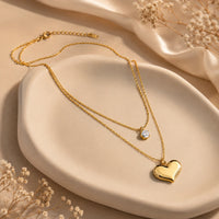 Minimalist Double Layer Heart & Solitaire Necklace | Anti-Tarnish Gold Plated