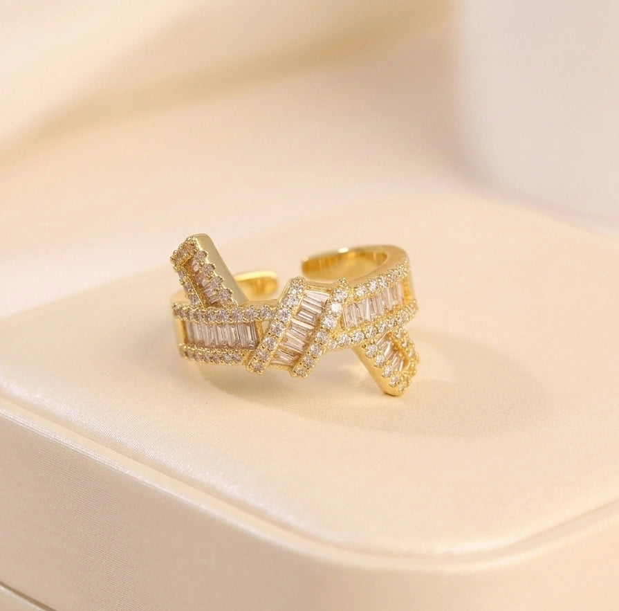 Designer Criss Cross Baguette Ring - Adjustable Gold Plated Fashion Jewelry