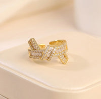 Designer Criss Cross Baguette Ring - Adjustable Gold Plated Fashion Jewelry