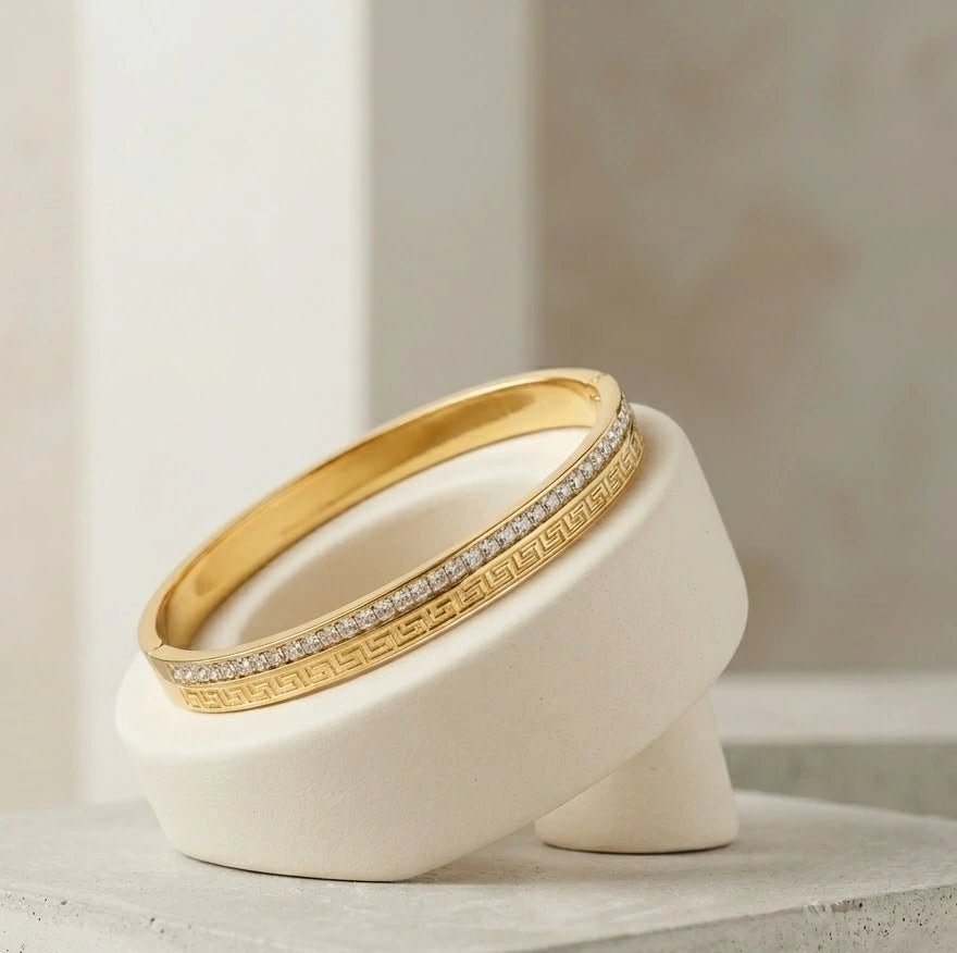 Greek Key CZ Bangle - Anti-Tarnish Gold-Plated Bracelet for Women
