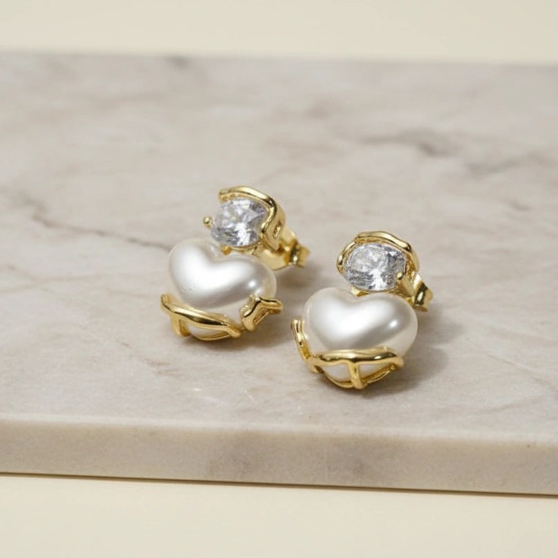 Heart Pearl Drop Earrings with Crystal Stud | High Quality Fashion Earring