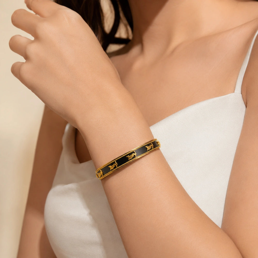Anti-Tarnish Gold Plated Monogram Bangle - Brown Enamel Vintage Style Bracelet