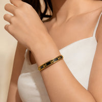 Anti-Tarnish Gold Plated Monogram Bangle - Brown Enamel Vintage Style Bracelet