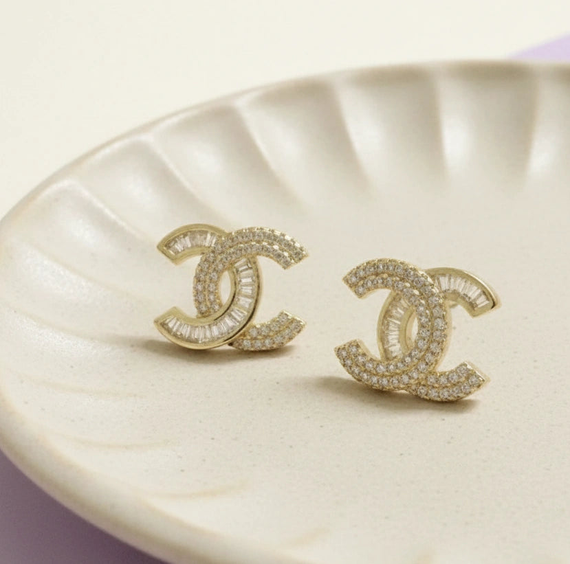 Double C Interlocking Pave Stud Earrings - Premium Gold Crystal Fashion Jewelry