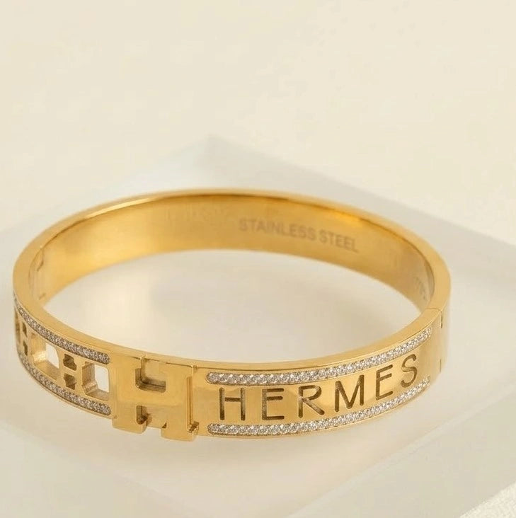 Designer Inspired H-Cutout Studded Anti-Tarnish Gold Plated Bracelet | Moncheri Jewels