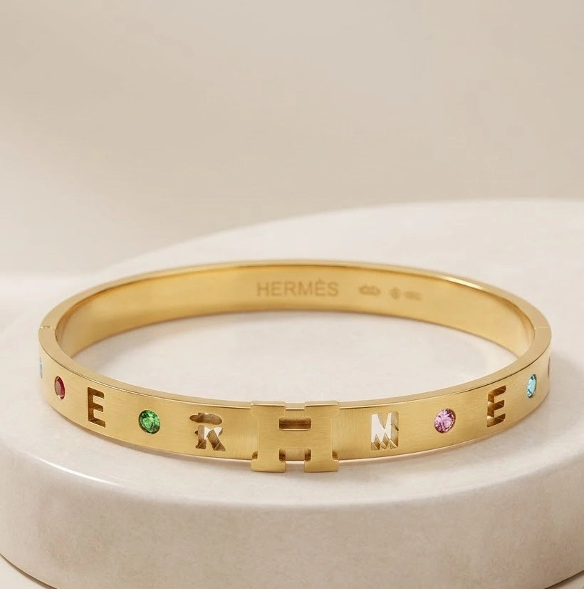 Designer Inspired H Letter Cut-Out Anti-Tarnish Gold Plated Bracelet with Multi-Color Stones