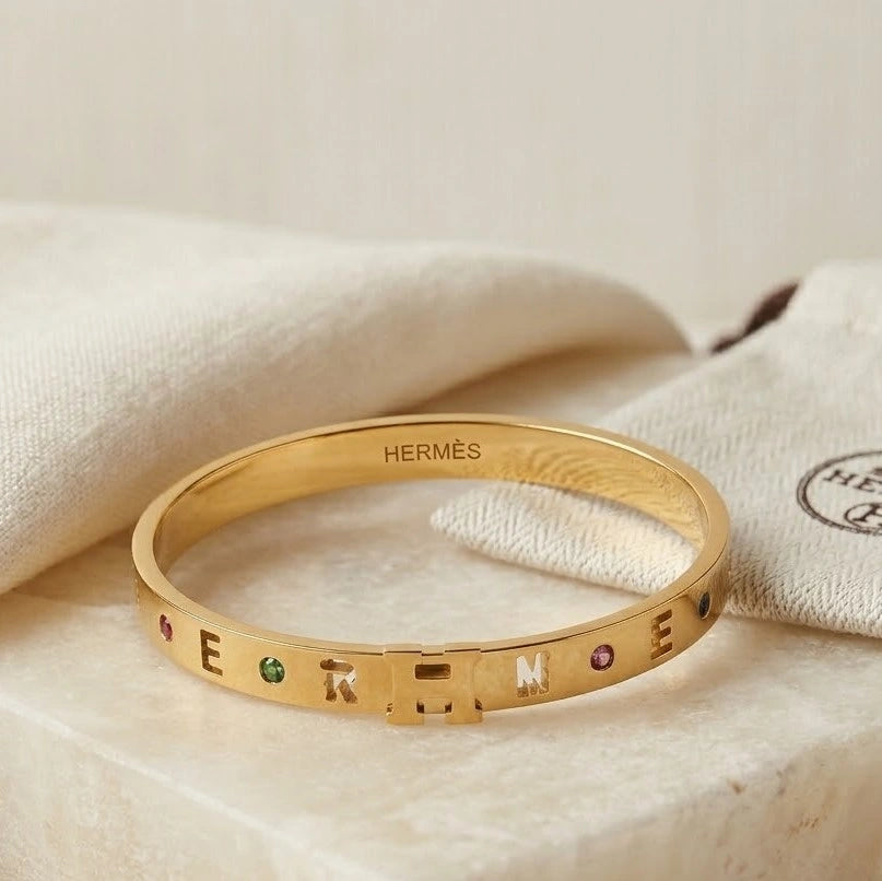 Designer Inspired H Letter Cut-Out Anti-Tarnish Gold Plated Bracelet with Multi-Color Stones