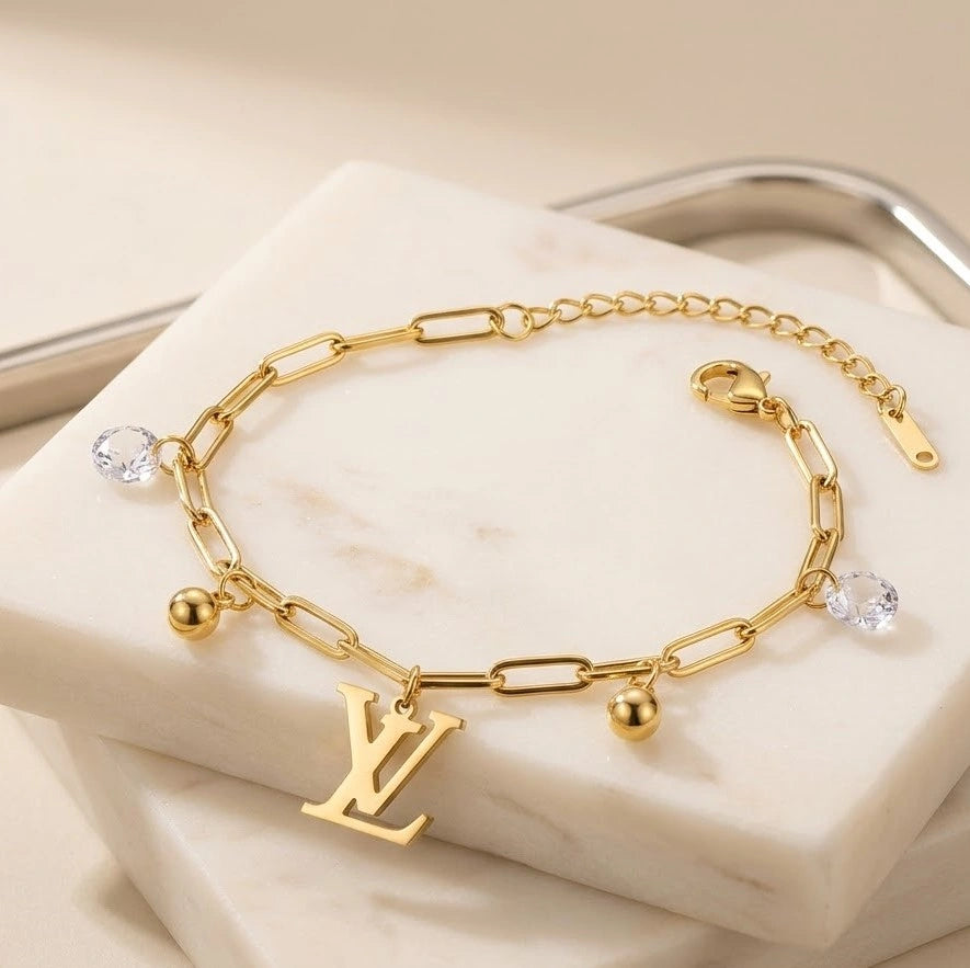 Designer Inspired Initial Charm Bracelet - Anti Tarnish Gold Plated