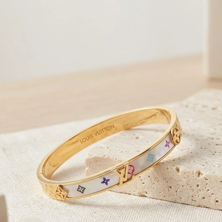 Designer Inspired Monogram Enamel Bangle - Anti-Tarnish Gold Plated
