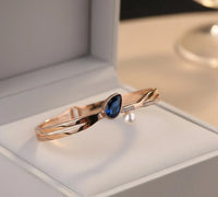 Teardrop Blue Stone & Pearl Anti-Tarnish Cuff Bracelet | Rose Gold Plated Korean Fashion Jewelry