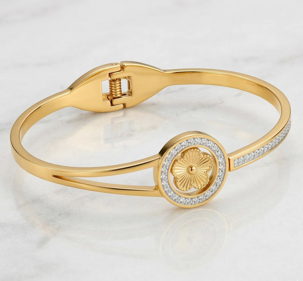 Floral Motif Crystal Gold Cuff Bracelet - Premium Designer Wristwear