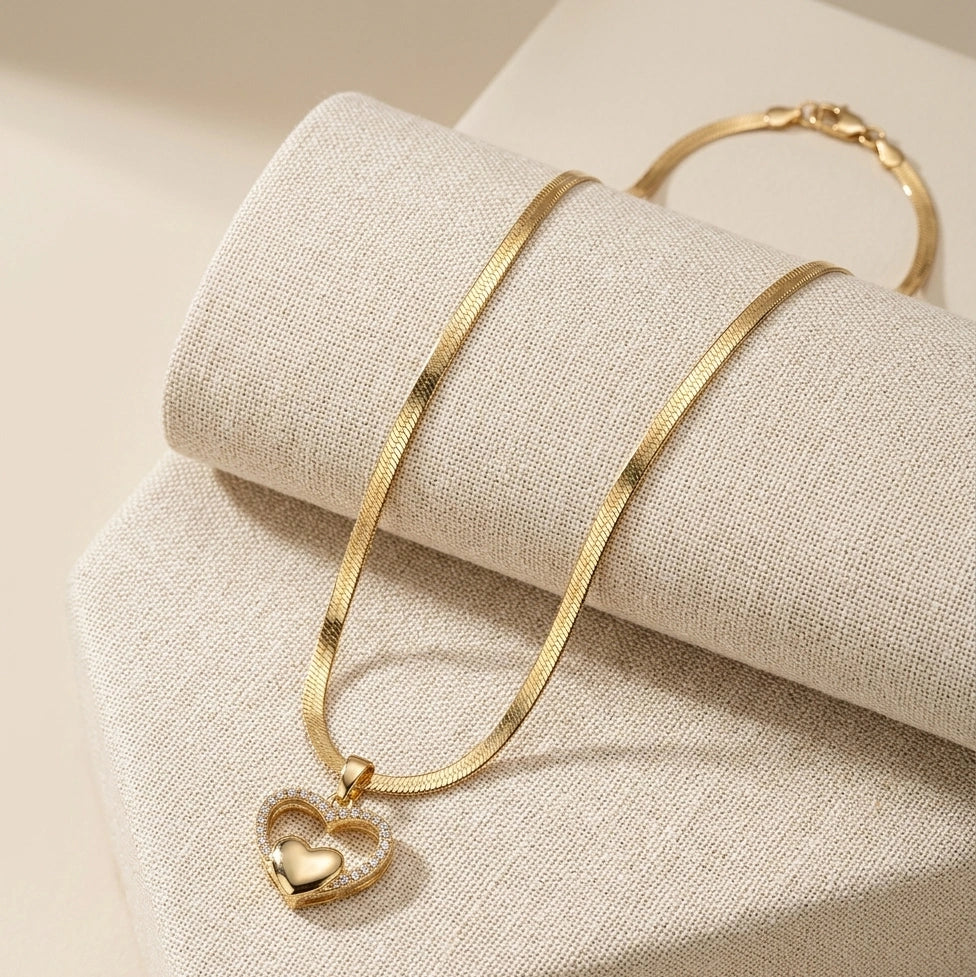 Double Heart Pendant Necklace - Anti Tarnish Gold-Plated Snake Chain