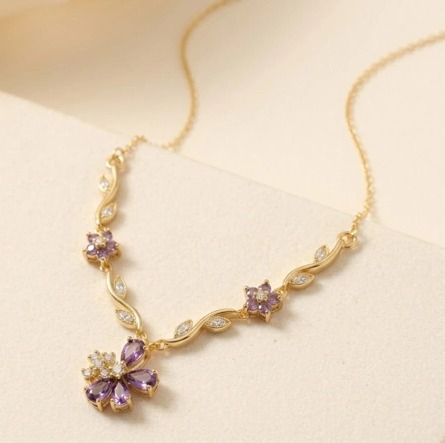 Elegant Amethyst Floral Vine Necklace | Anti-Tarnish Gold Plated Pendant-Tulip