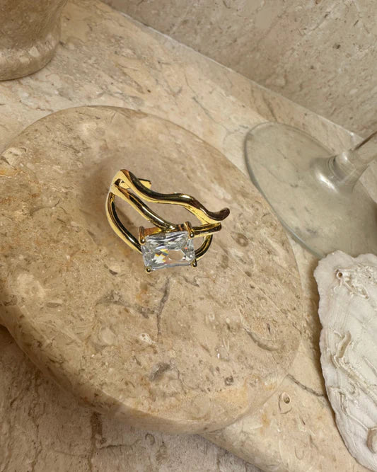 Wavy Triple Band Emerald Cut Ring | Anti-Tarnish Finish