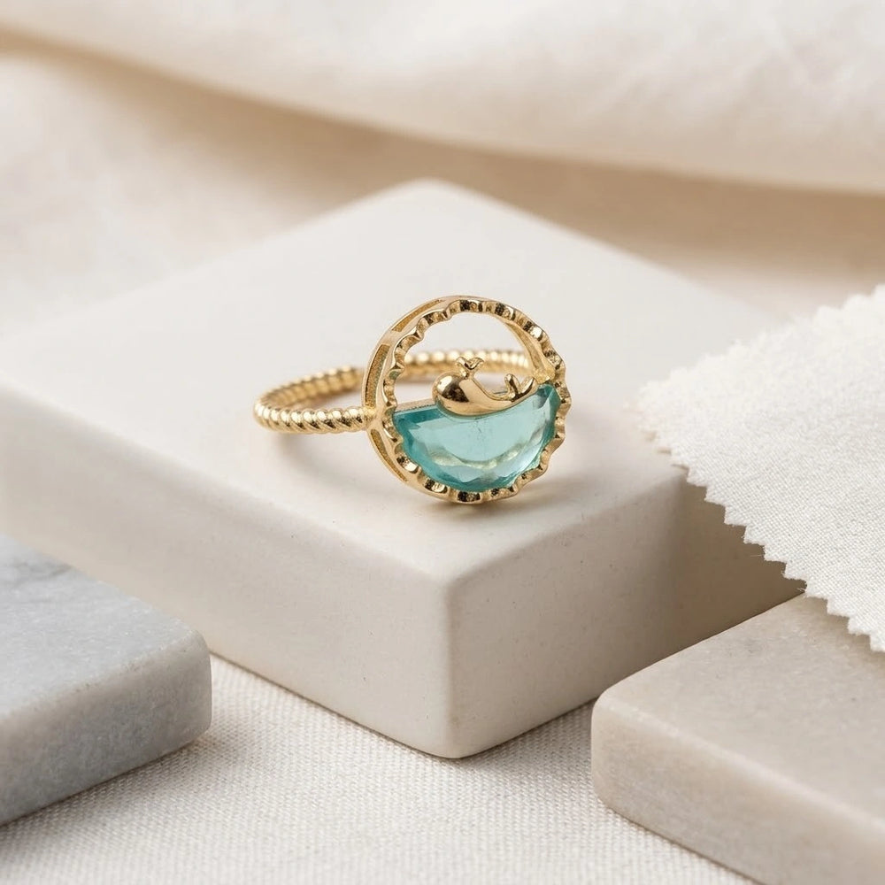 Dolphin Ocean Blue Stone Anti Tarnish Gold Plated Ring