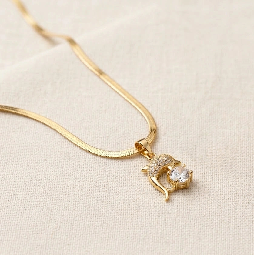 Dolphin Pendant Necklace - Anti-Tarnish Gold Plated with CZ Stone