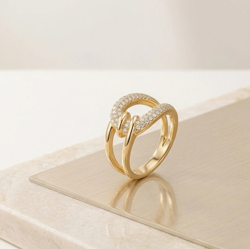 Double Band Gold Pave Fashion Ring - Premium Interlocking Statement Jewelry