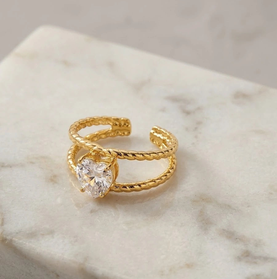 Heart Shaped Zircon Adjustable Ring - Twisted Double Band Anti-Tarnis