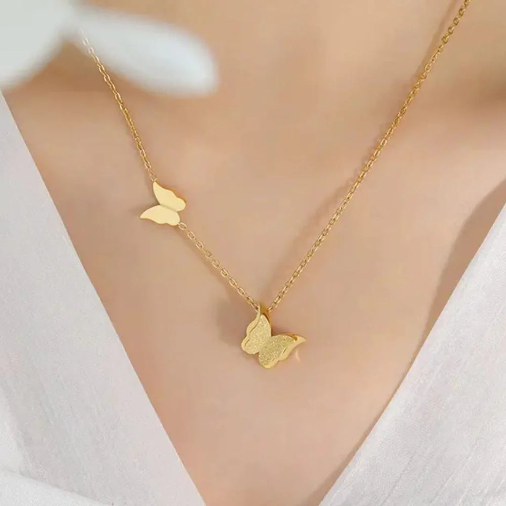 Double Butterfly Necklace - Anti-Tarnish Gold Plated Chain | Korean Style Minimalist Pendant for Women