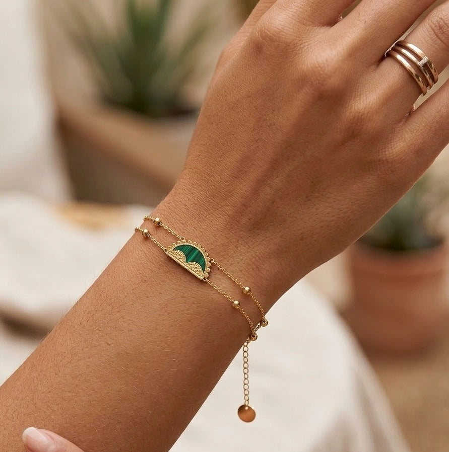 Green Stone Semi-Circle Double Layer Gold Plated Bracelet | Anti-Tarnish