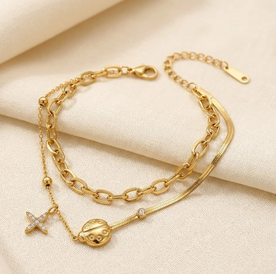 Butterfly Charm Beaded Bracelet - Anti-Tarnish Gold Plated