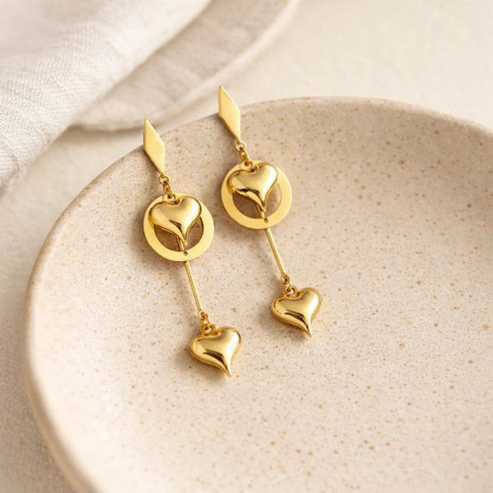 Double Heart Drop Earrings - Anti Tarnish Gold Plated