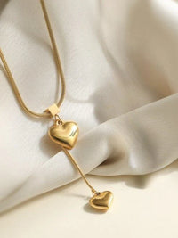 Double Heart Lariat Necklace - Anti-Tarnish Gold Plated Minimalist Tassel Pendant