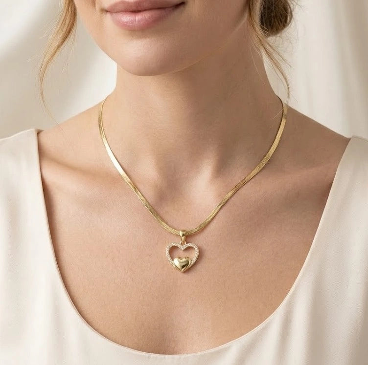 Double Heart Pendant Necklace - Anti Tarnish Gold-Plated Snake Chain