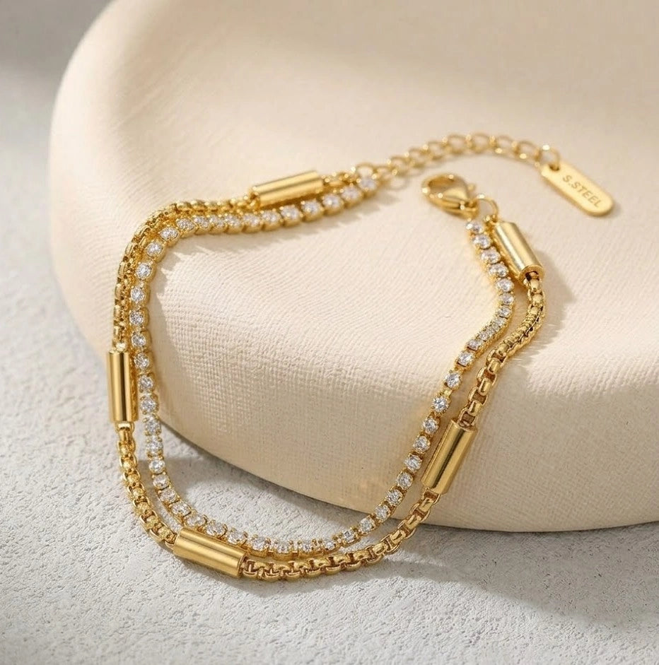 Double Layered CZ Tennis & Bar Chain Bracelet - Anti-Tarnish Gold Plated