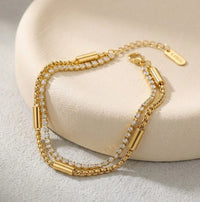 Double Layered CZ Tennis & Bar Chain Bracelet - Anti-Tarnish Gold Plated