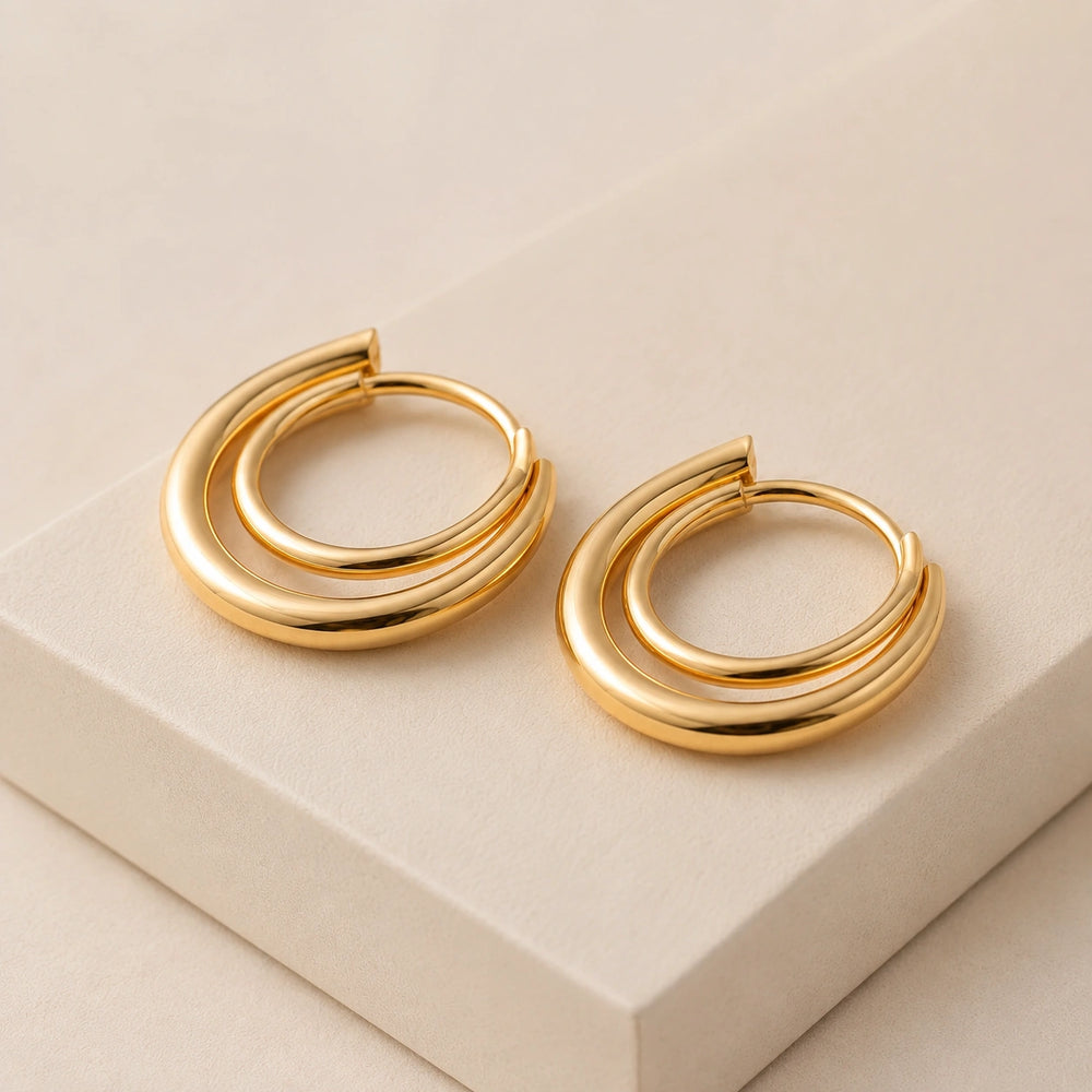 Double Layer Hoop Earrings - Anti Tarnish Gold Plated Korean