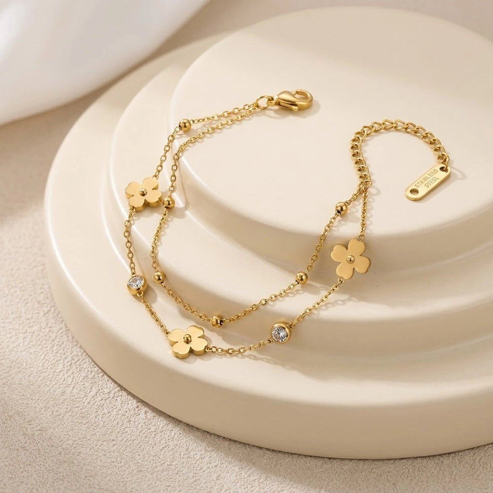 Double Layer Clover Charm Anti-Tarnish Gold Plated Bracelet