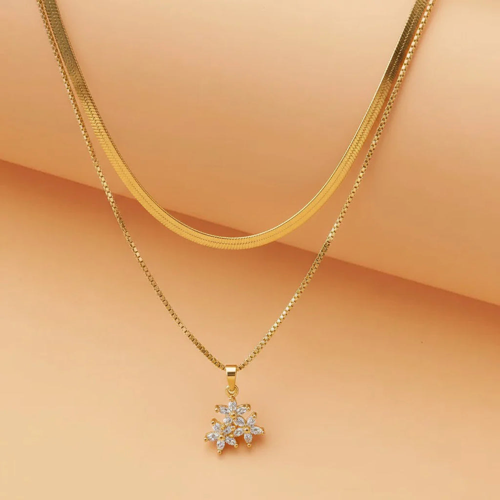Double Layer Crystal Flower Necklace - Anti-Tarnish Gold Plated Snake Chain with Floral Pendant