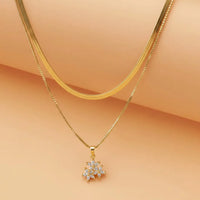 Double Layer Crystal Flower Necklace - Anti-Tarnish Gold Plated Snake Chain with Floral Pendant