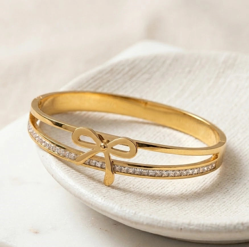 Bow Design Gold Plated Bracelet - Anti Tarnish Double Layer Bangle